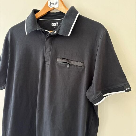 DKNY Black Polo Shirt White-Trimmed Collar see pix for stains/blemishes Men's L - Picture 3 of 11
